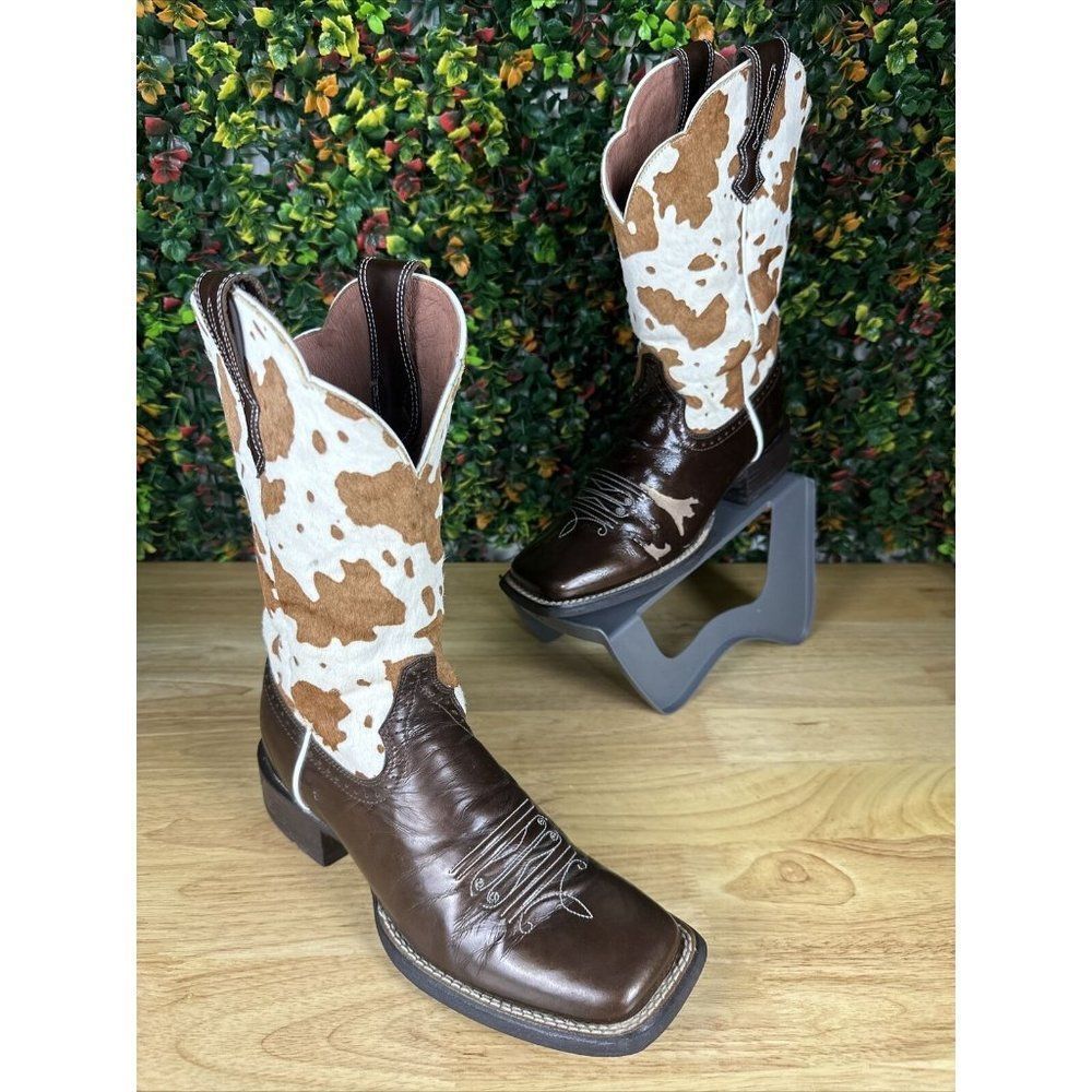 7 Ariat Cowboy Boots Cow Hide Print Print Square Toe Cowgirl Shoes Women’s 7B